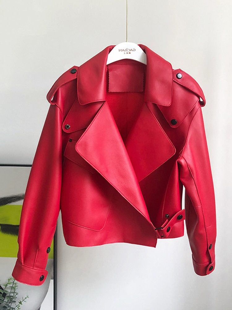Cropped Leather-Look Biker Trench Jacket - Red