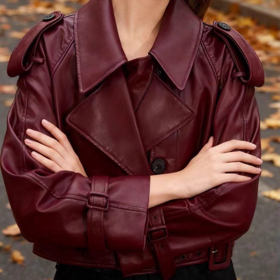 Cropped Leather-Look Trench Jacket with Buckled Belt - Burgundy