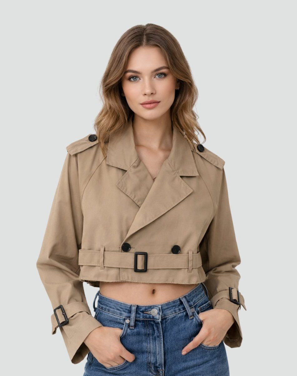 Cropped Trench Jacket with Wide Buckled Belt - Brown