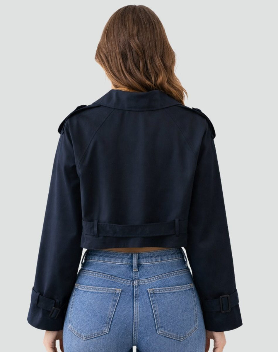 Cropped Trench Jacket with Wide Buckled Belt - Navy Blue