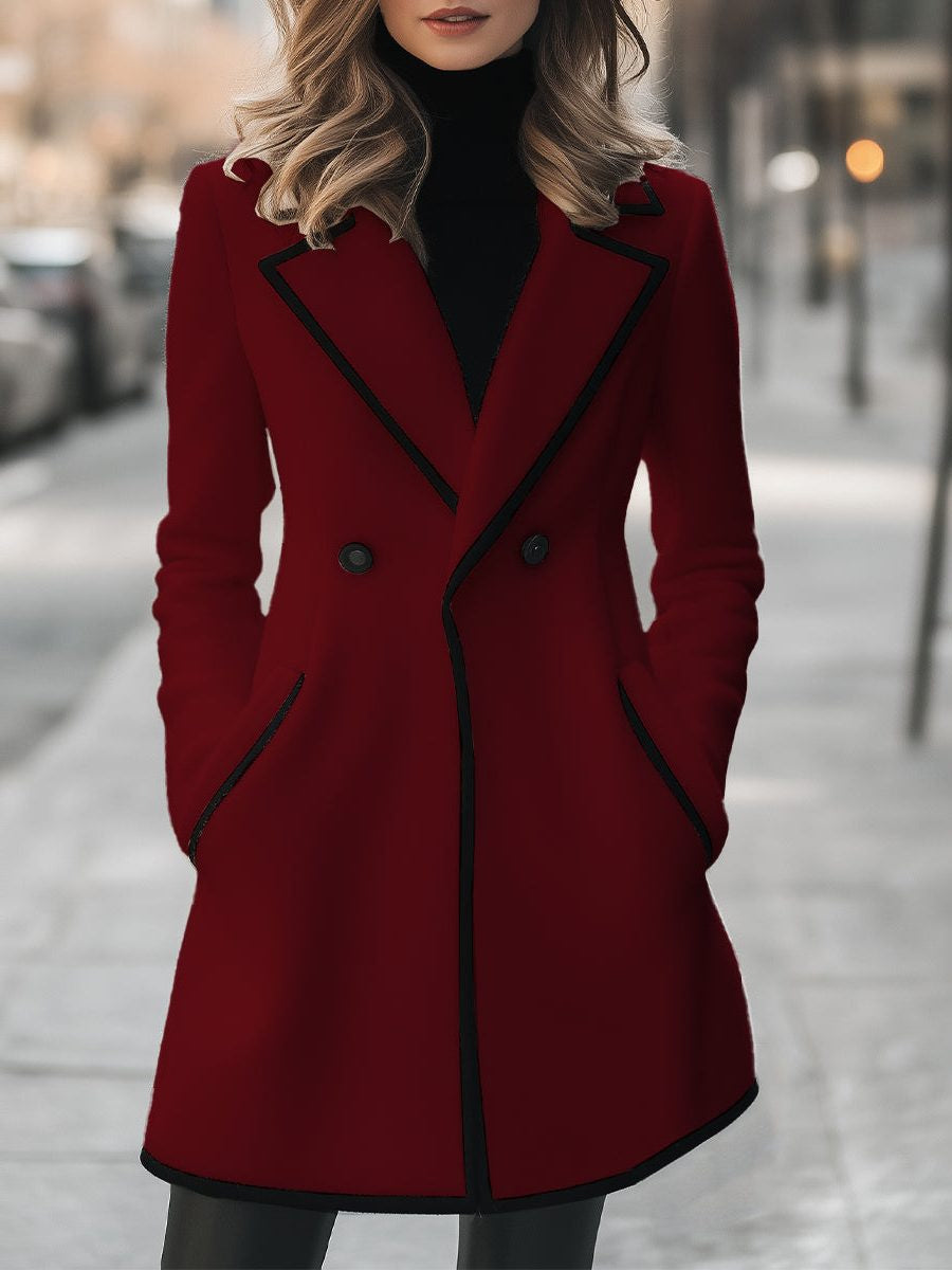 Double-Breasted Coat with Contrast Piping - Red