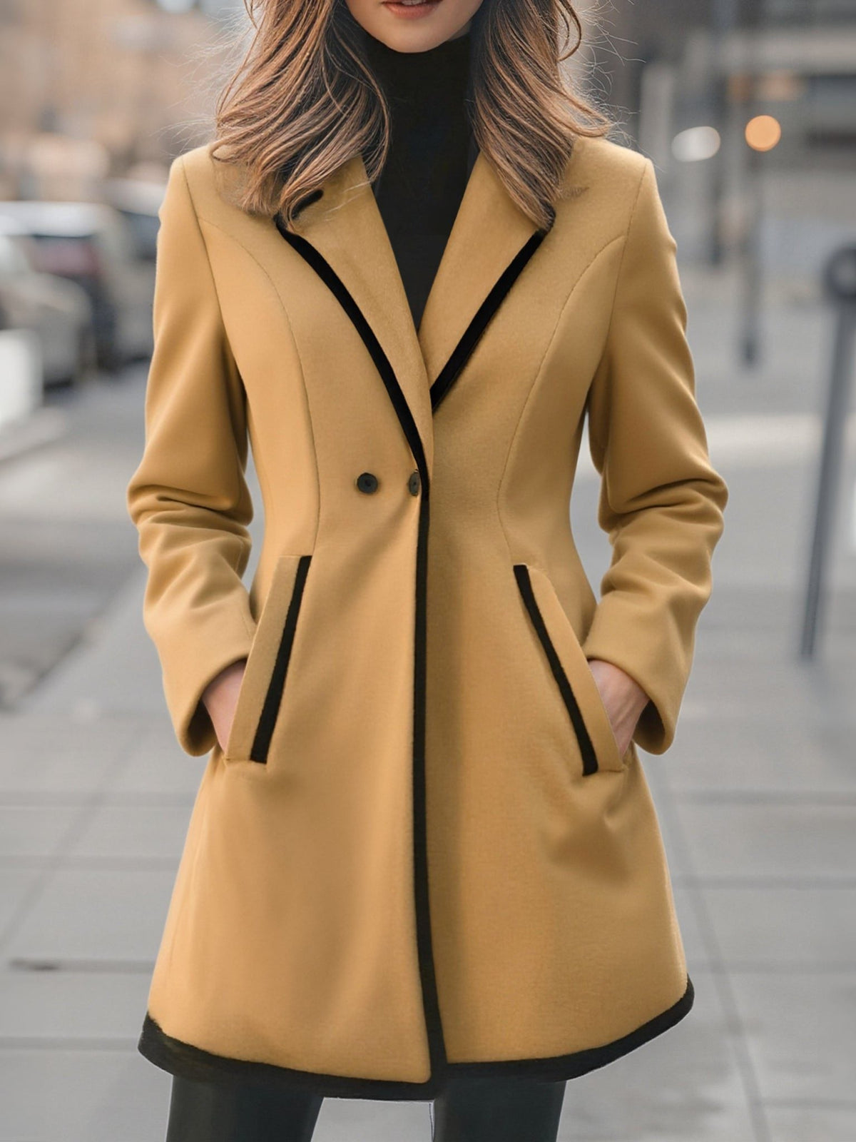 Double-Breasted Coat with Contrast Piping - Camel