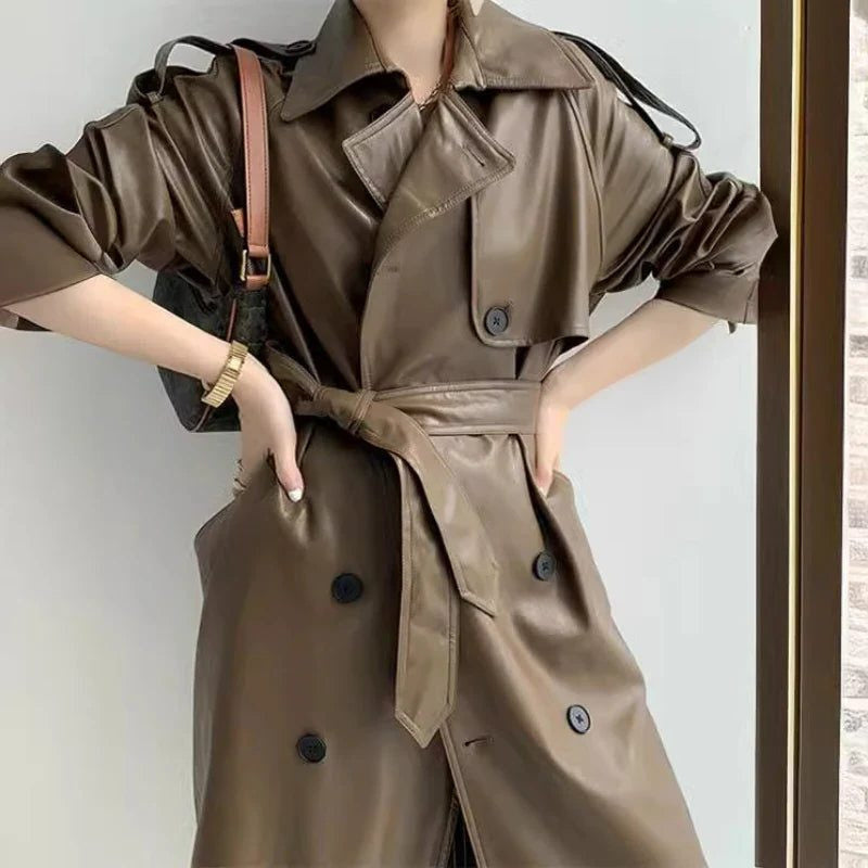 Oversized Leather-Look Trench Coat with Draped Lapels - Coffee