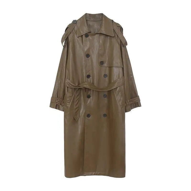 Oversized Leather-Look Trench Coat with Draped Lapels - Coffee