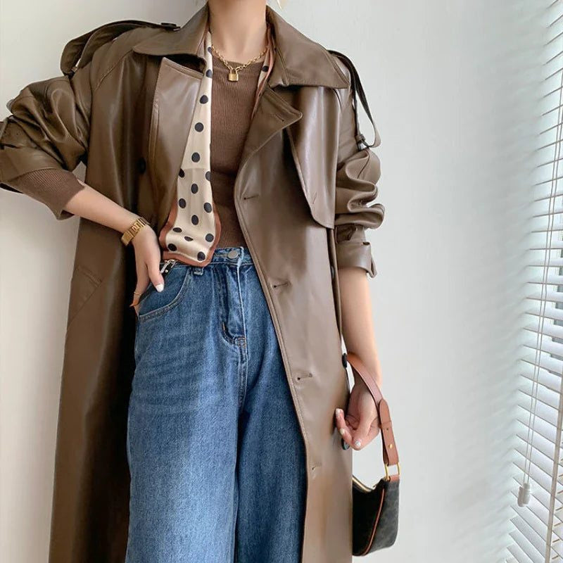 Oversized Leather-Look Trench Coat with Draped Lapels - Coffee