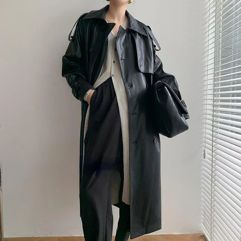 Oversized Leather-Look Trench Coat with Draped Lapels - Black