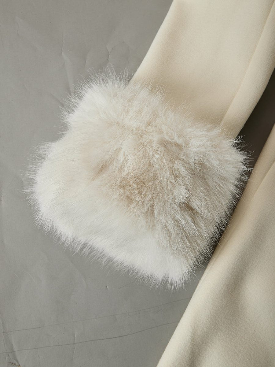 Flared A-Line Coat with Faux Fur Collar and Cuffs - Ivory
