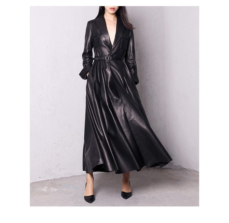 Glossy Double-Breasted Trench Coat with Tie Belt - Black