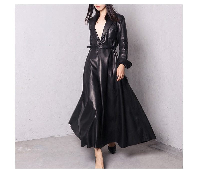 Glossy Double-Breasted Trench Coat with Tie Belt - Black