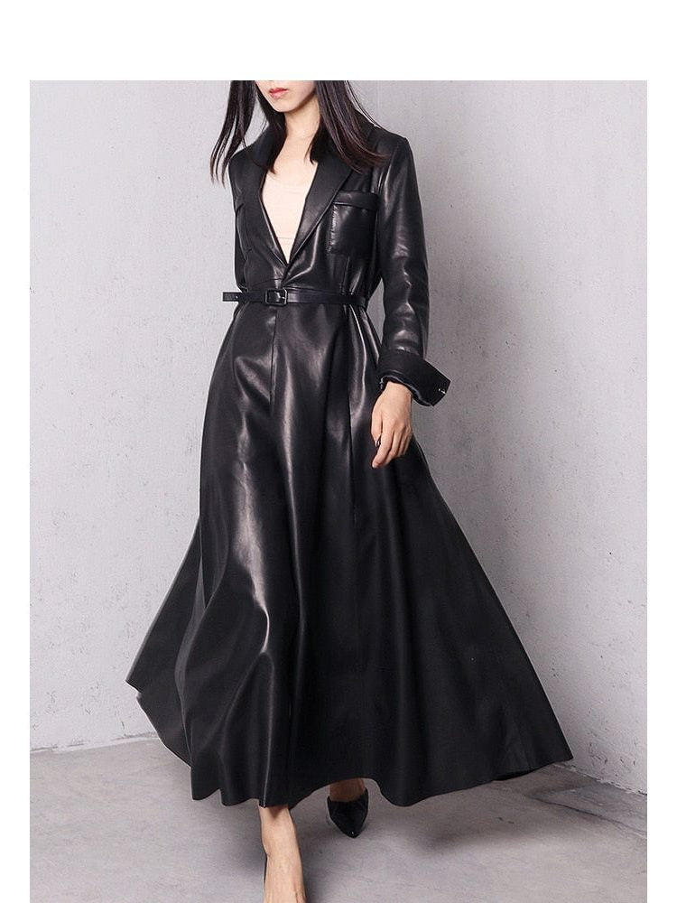 Glossy Double-Breasted Trench Coat with Tie Belt - Black
