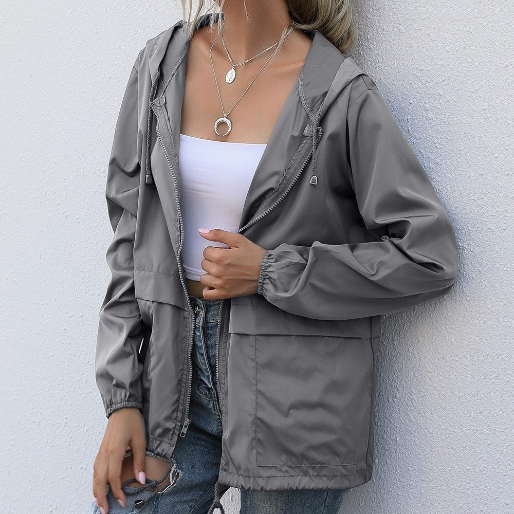 Hooded Rain Jacket with Waist Drawcord - Charcoal