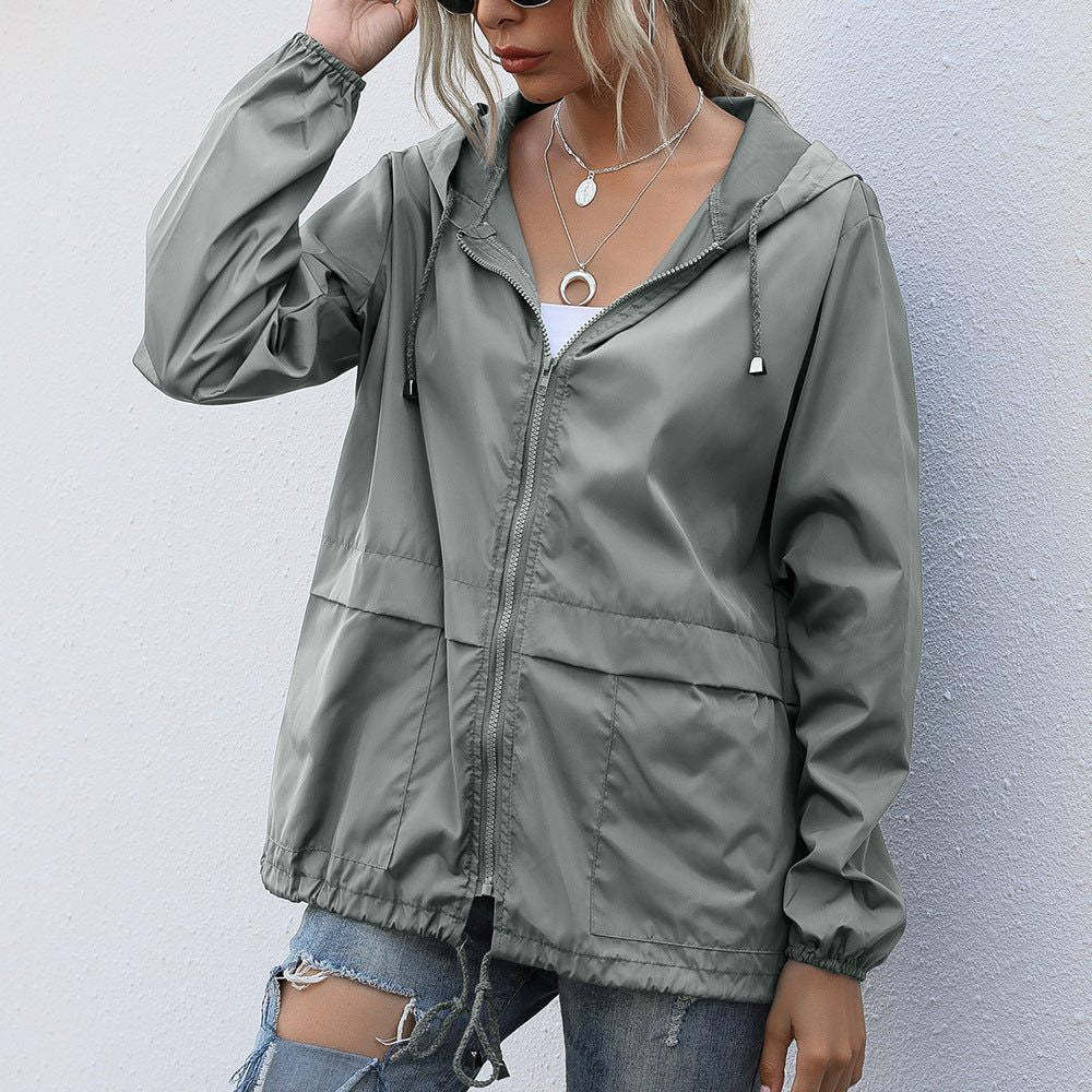 Hooded Rain Jacket with Waist Drawcord - Light Grey