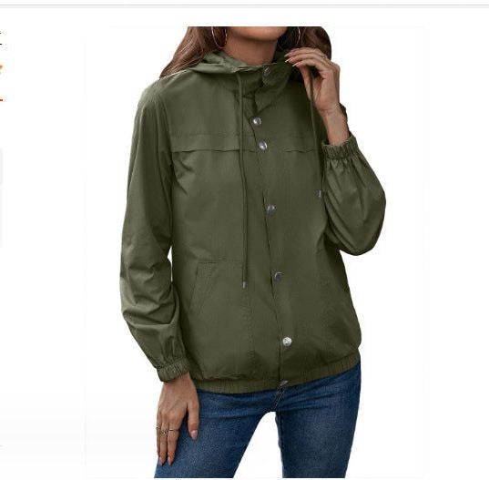 Button-Front Hooded Rain Jacket - Olive Green