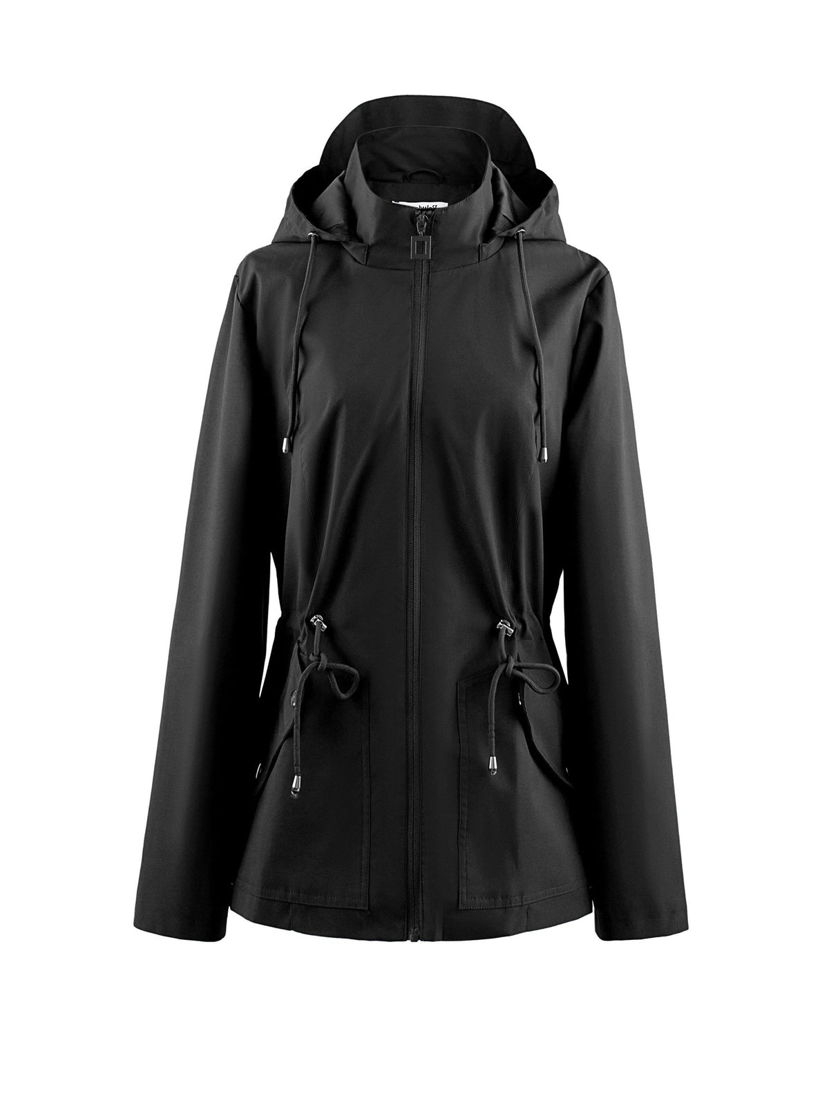 Zip-Up Rain Jacket with Adjustable Waist - Black