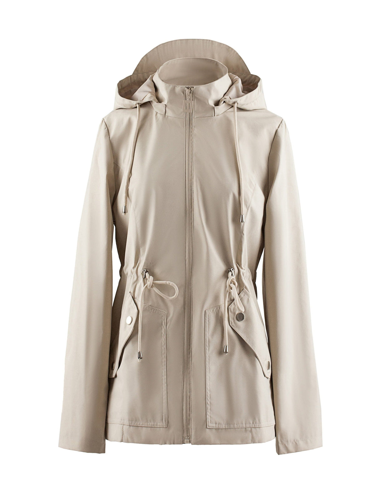 Zip-Up Rain Jacket with Adjustable Waist - Beige