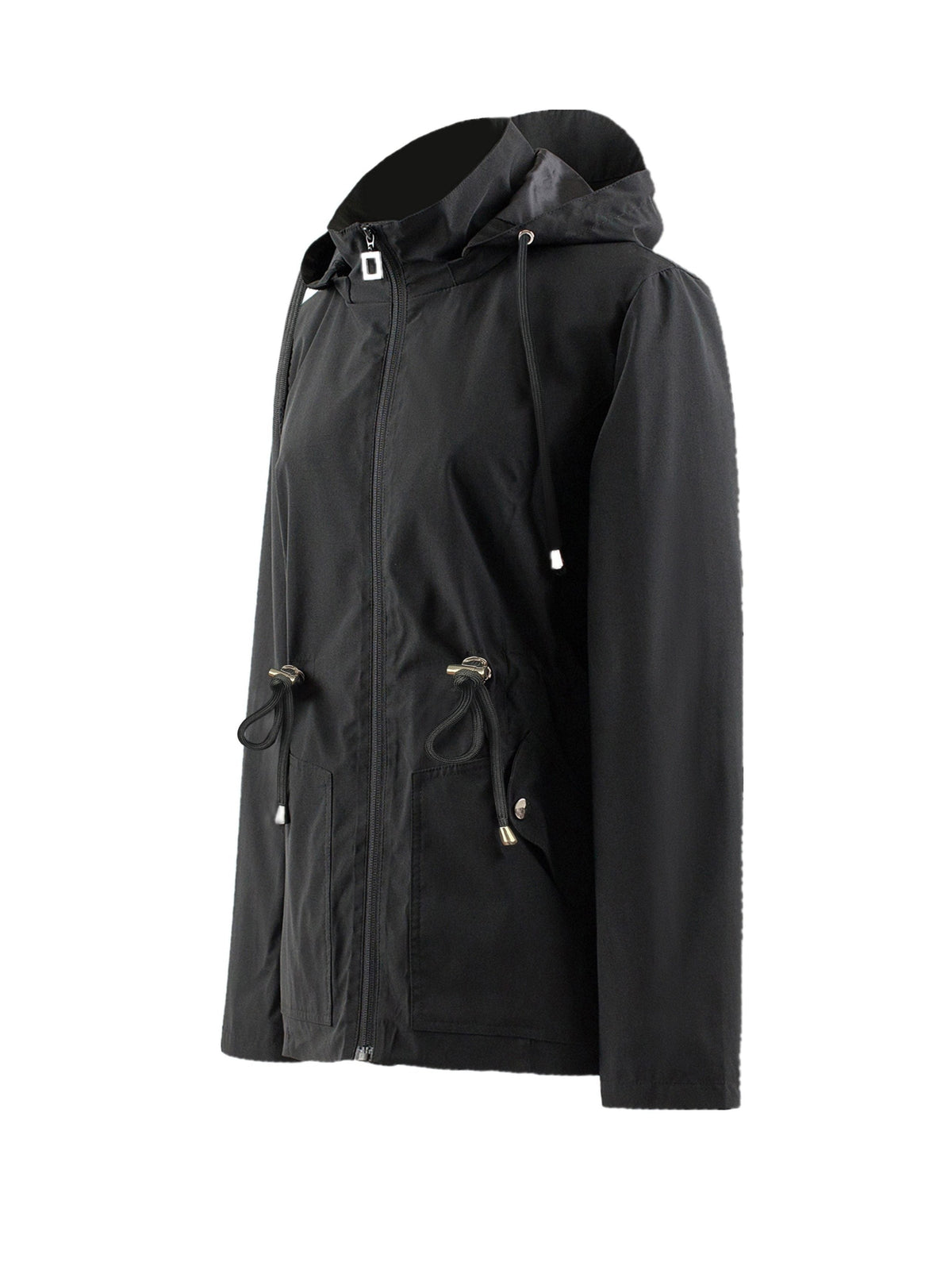 Zip-Up Rain Jacket with Adjustable Waist - Black