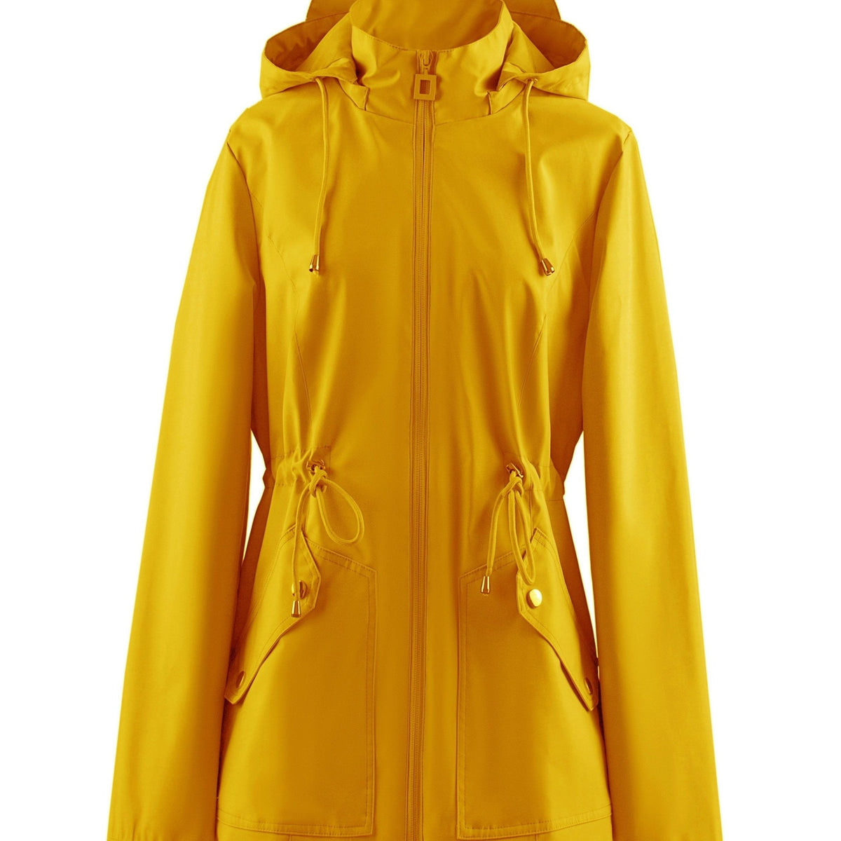 Zip-Up Rain Jacket with Adjustable Waist - Yellow