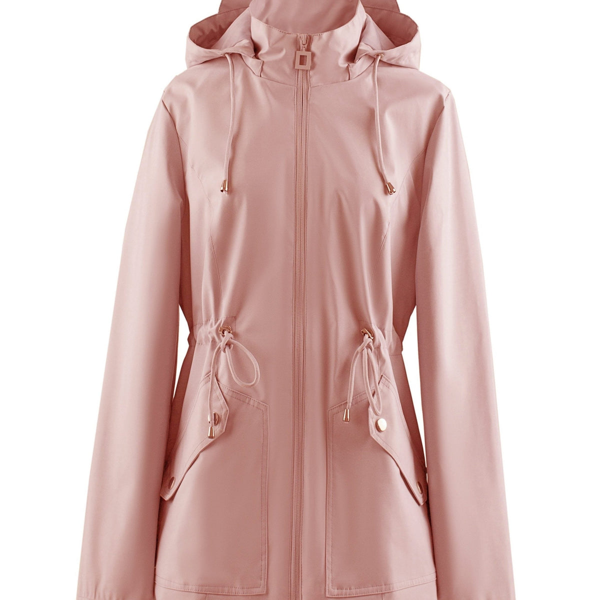 Zip-Up Rain Jacket with Adjustable Waist - Pink