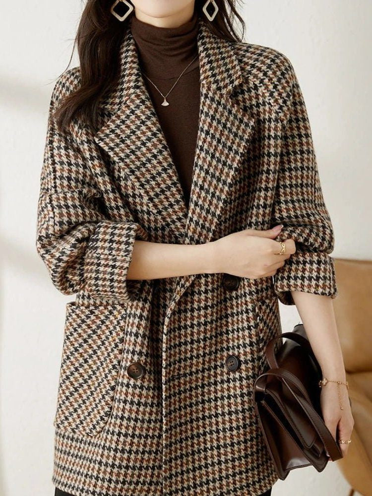 Houndstooth Longline Coat with Wide Lapels - Brown