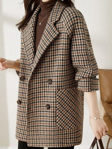 Houndstooth Longline Coat with Wide Lapels - Brown