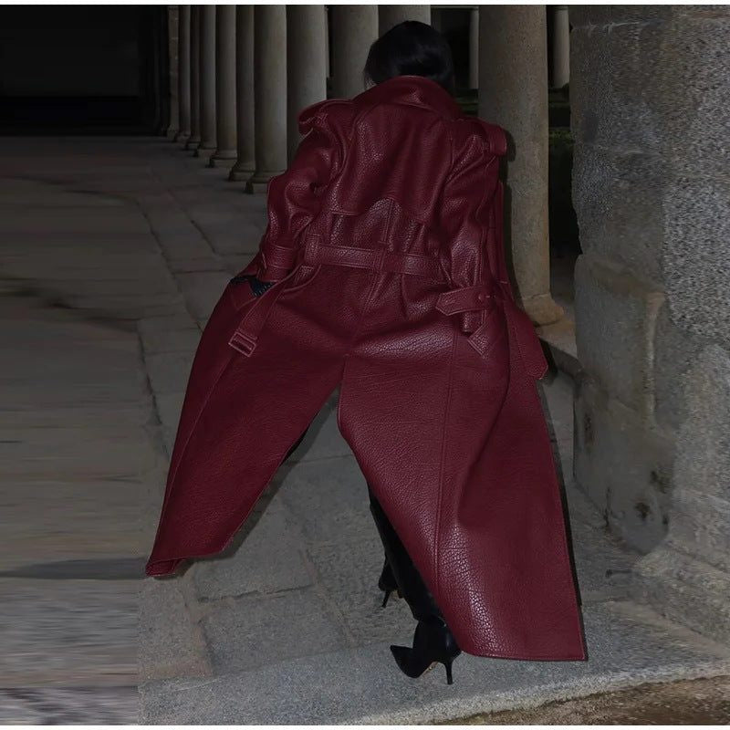 Leather-Look Trench Coat with Stand Collar and Belt - Red
