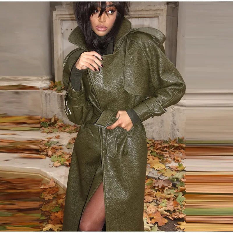 Leather-Look Trench Coat with Stand Collar and Belt - Green