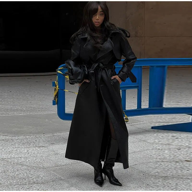 Leather-Look Trench Coat with Stand Collar and Belt - Black