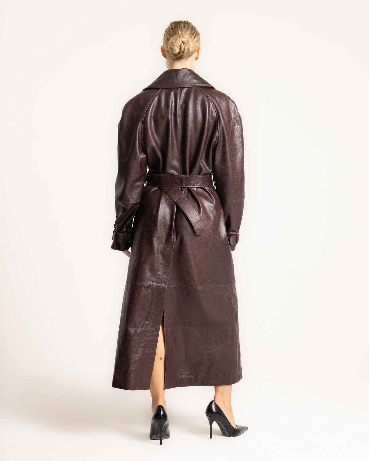Oversized Belted Trench Coat with Leather-Look Finish - Brown