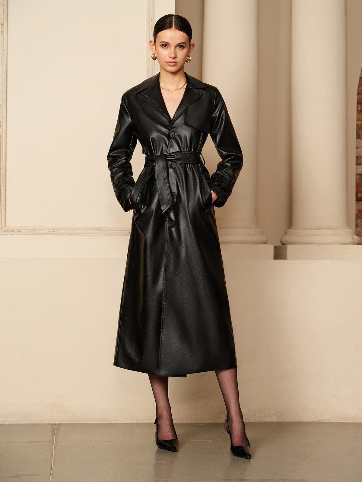 Leather-Look Long Trench Coat with Shoulder Tabs - Black