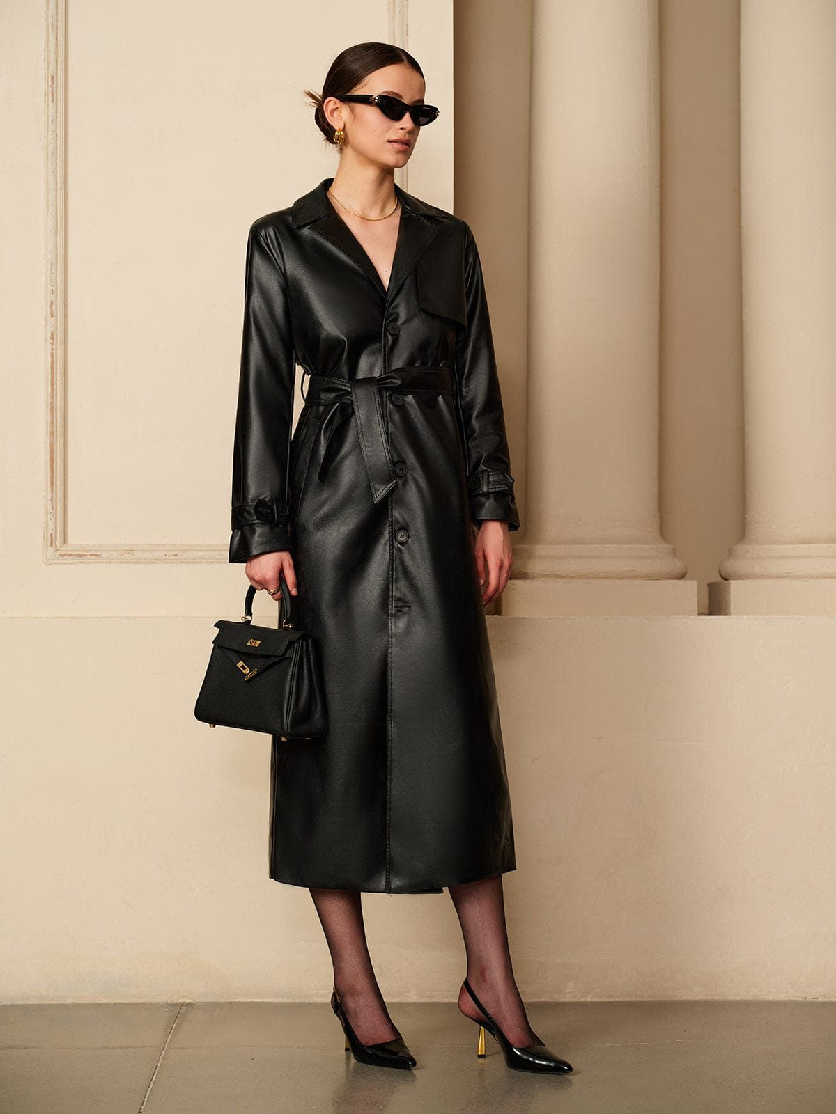 Leather-Look Long Trench Coat with Shoulder Tabs - Black