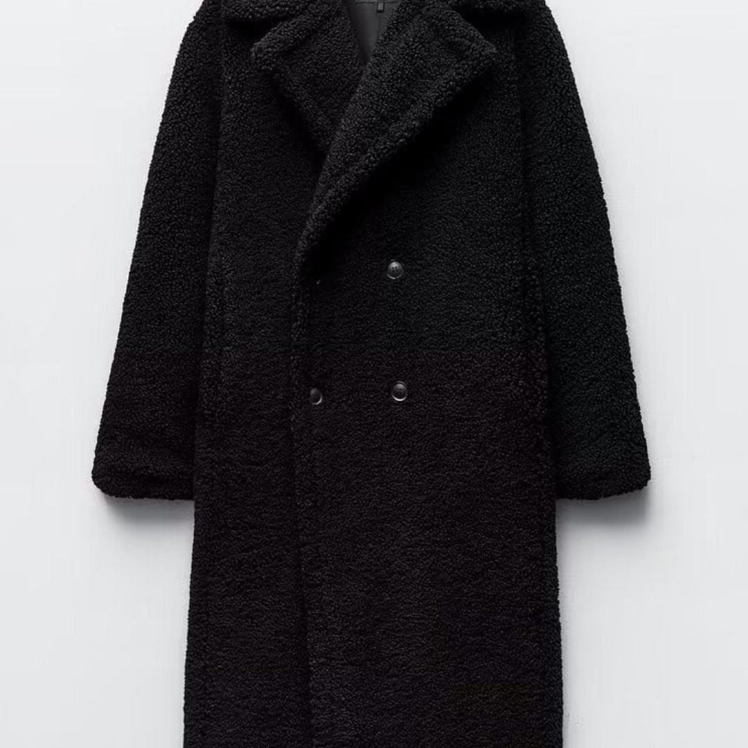 Double-Breasted Long Teddy Coat - Black