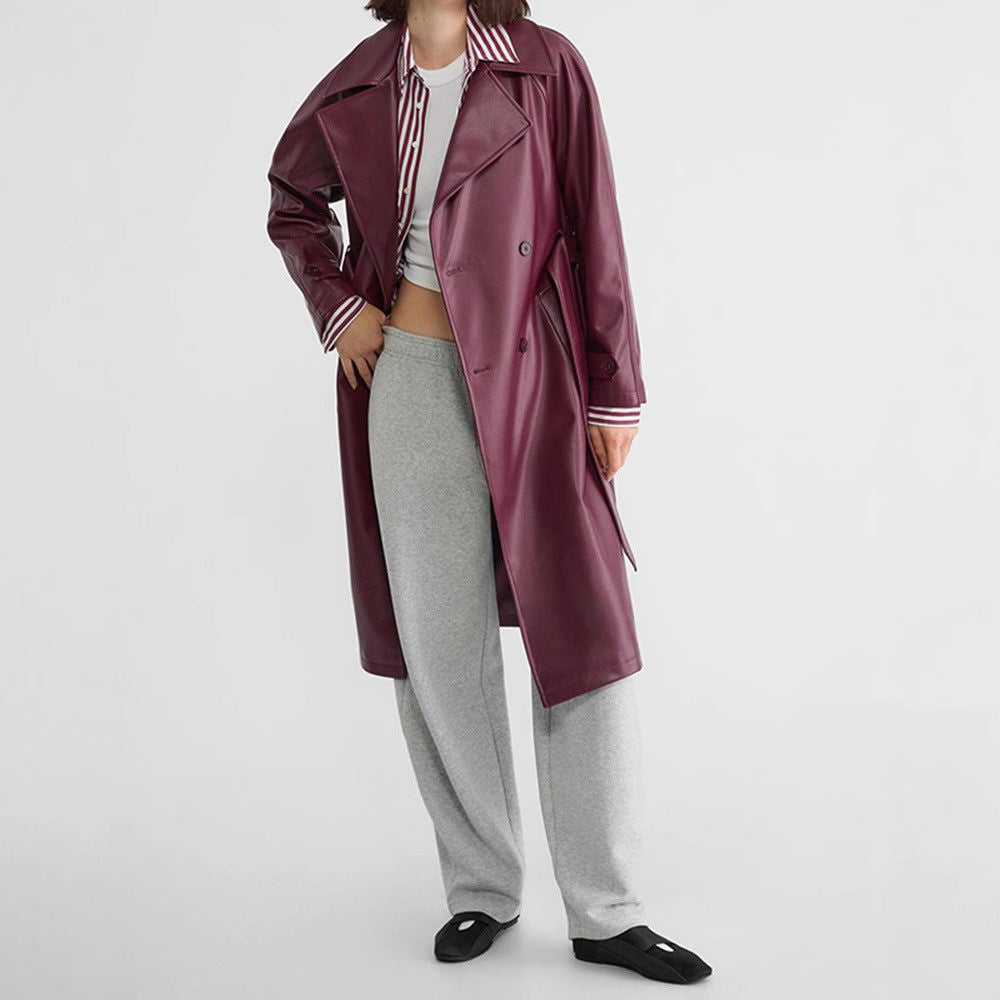 Double-Breasted Leather-Look Trench Coat - Red
