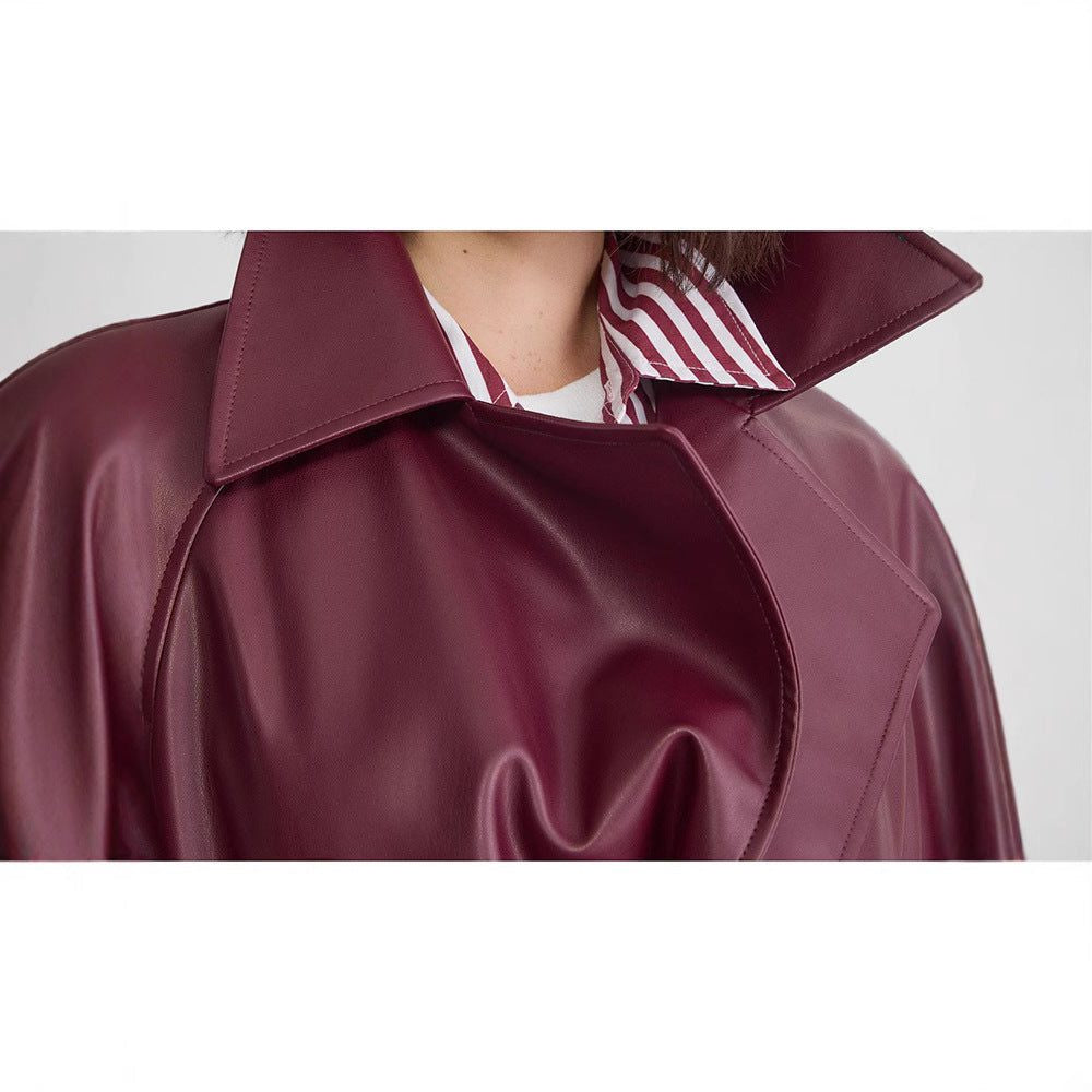 Double-Breasted Leather-Look Trench Coat - Red