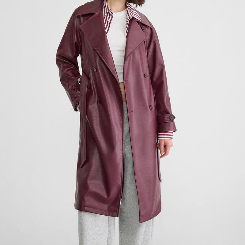 Double-Breasted Leather-Look Trench Coat - Red