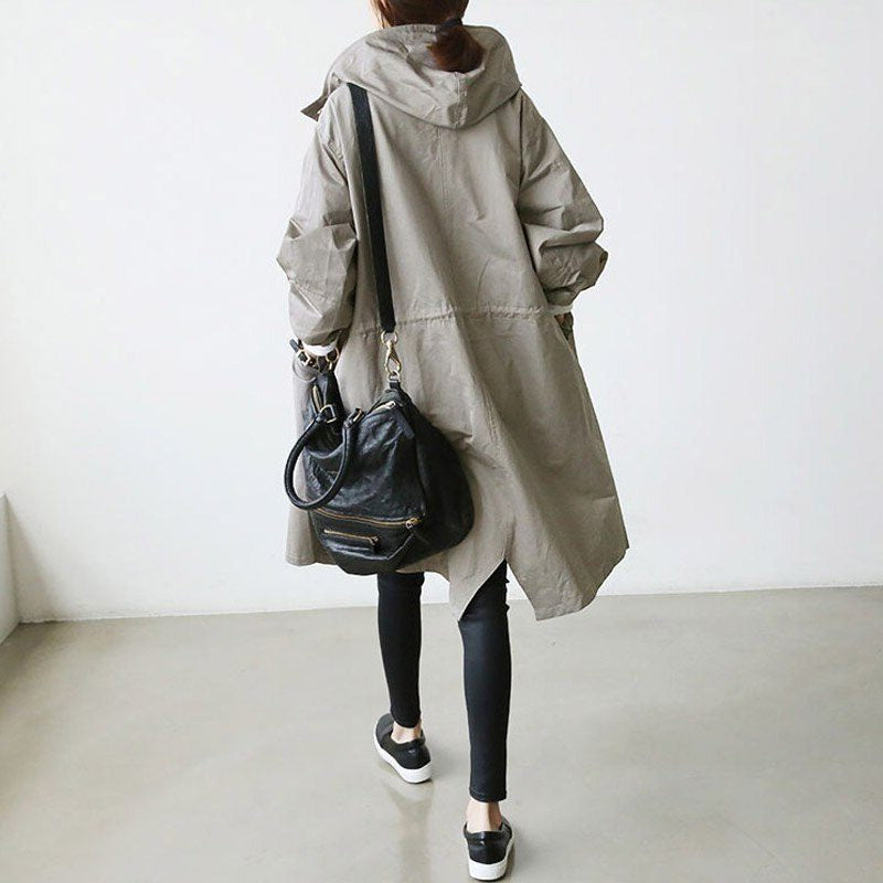 Long Hooded Raincoat with Snap Fastenings - Grey