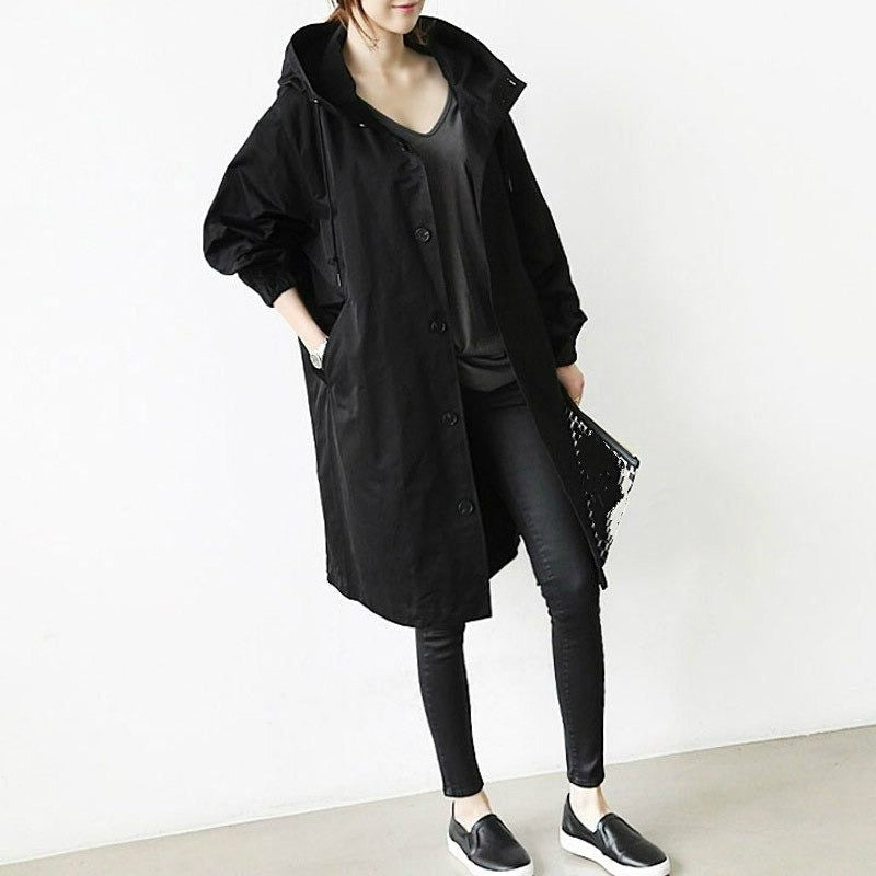 Long Hooded Raincoat with Snap Fastenings - Black