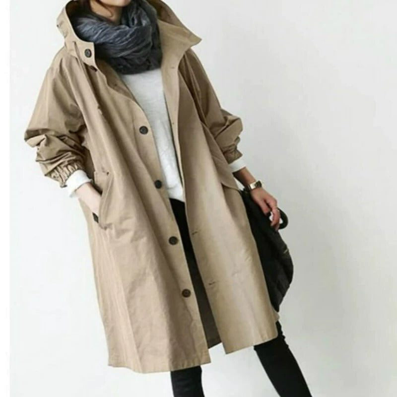 Long Hooded Raincoat with Snap Fastenings - Brown