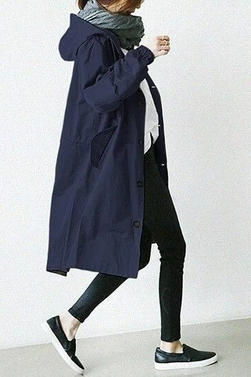 Long Hooded Raincoat with Snap Fastenings - Blue
