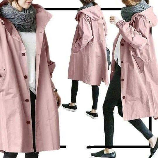 Long Hooded Raincoat with Snap Fastenings - Pink