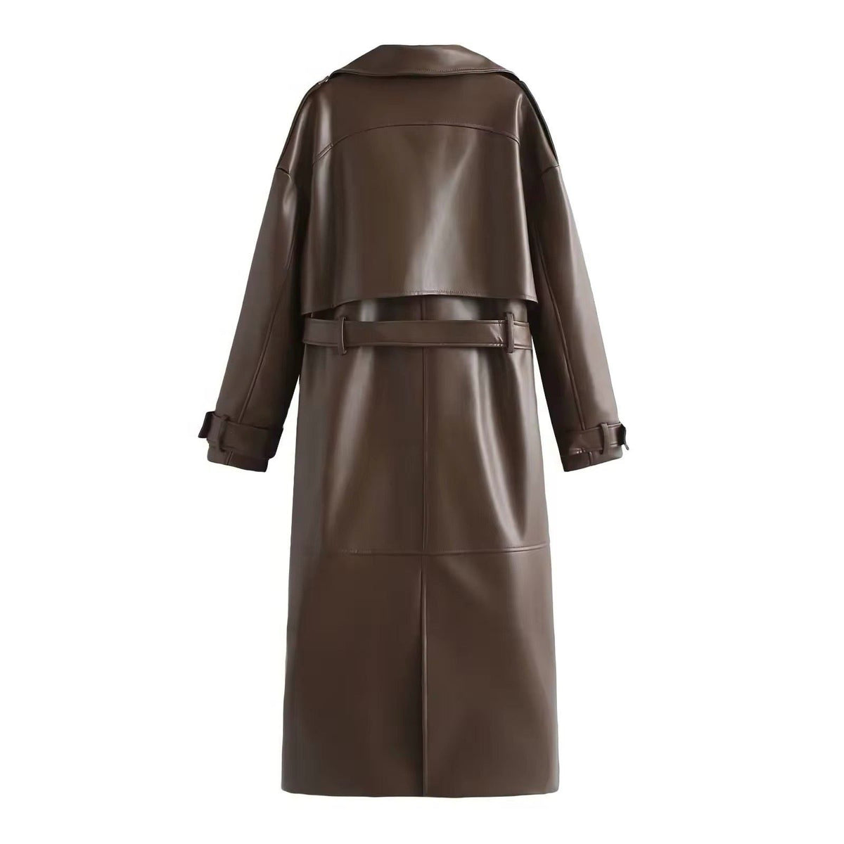 Leather-Look Longline Trench Coat with Side Slits - Brown