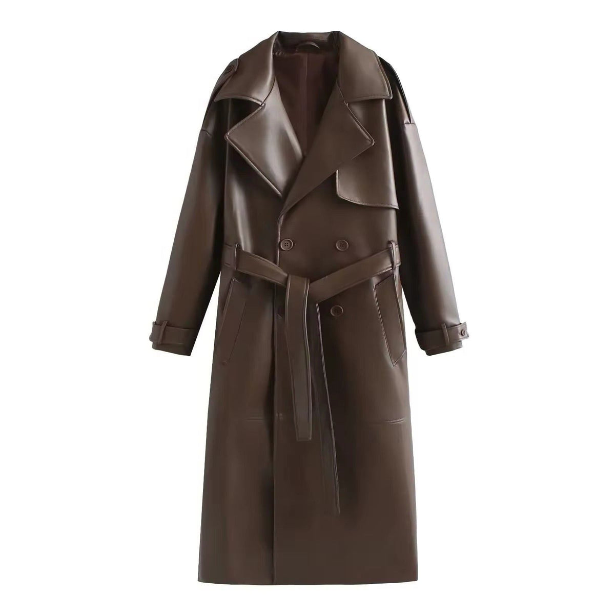 Leather-Look Longline Trench Coat with Side Slits - Brown