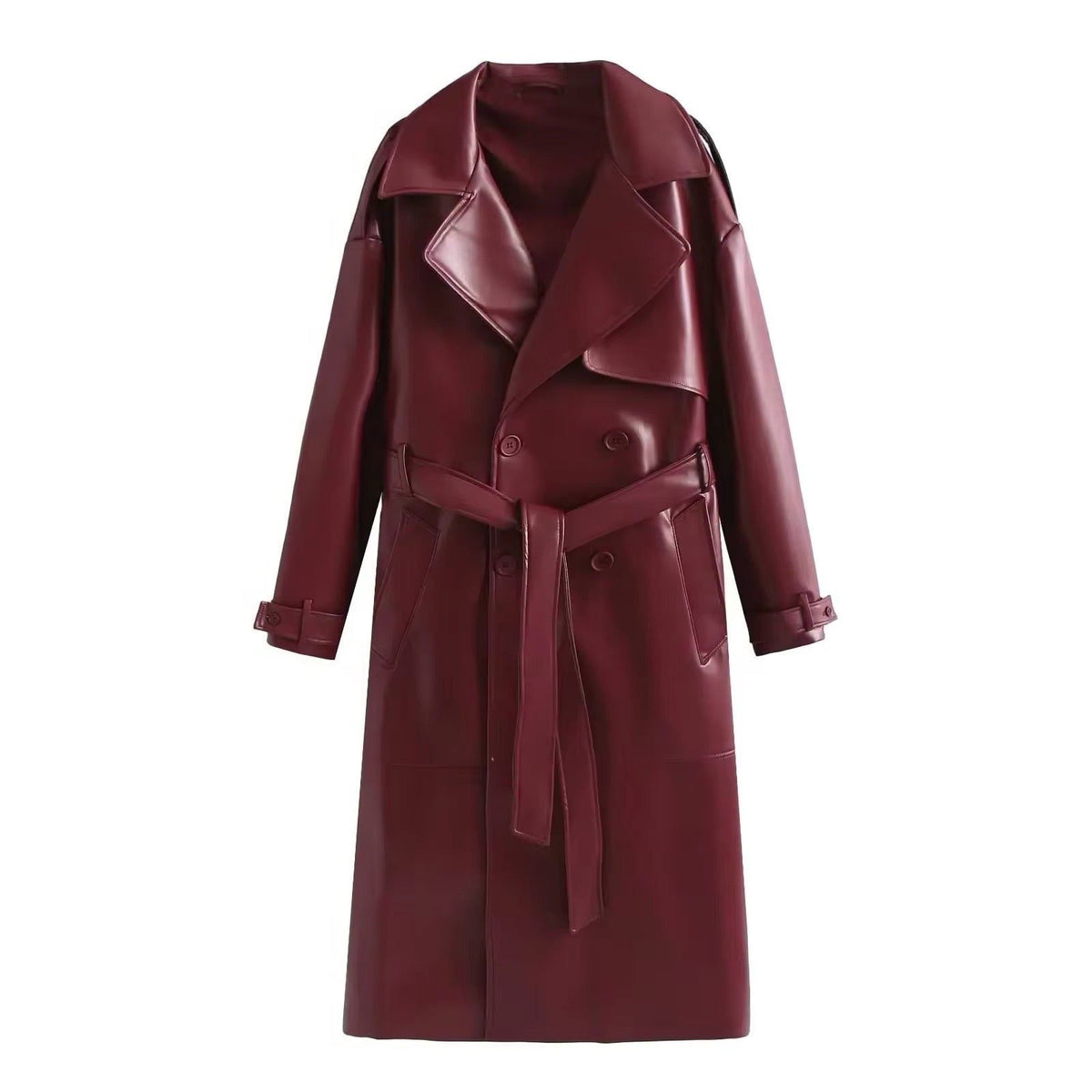 Leather-Look Longline Trench Coat with Side Slits - Red