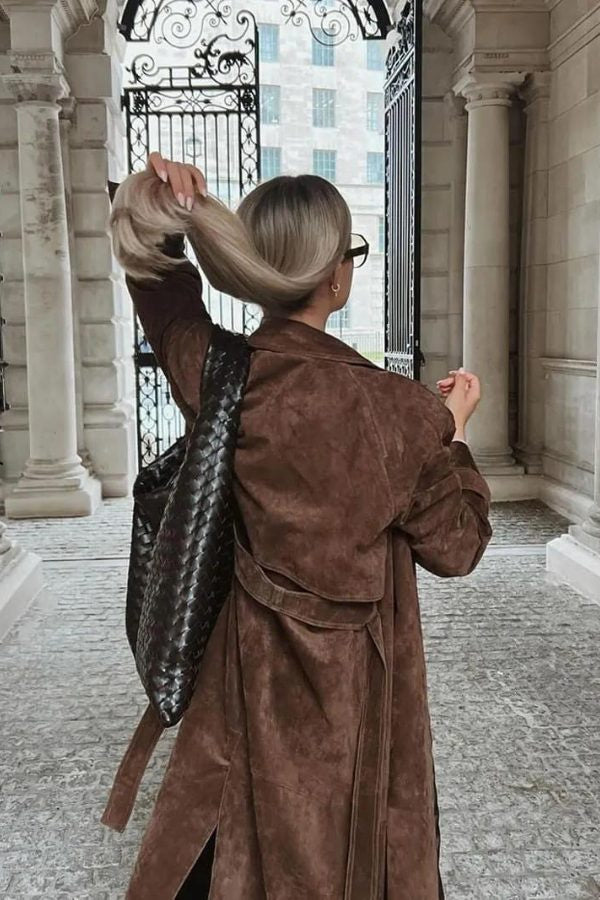 Belted Suede-Look Longline Trench Coat - Brown