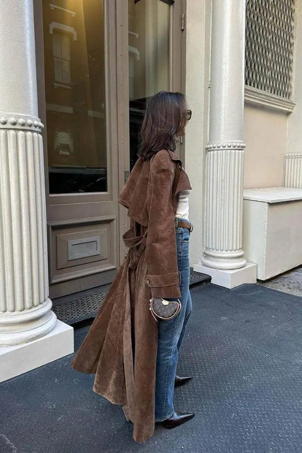 Belted Suede-Look Longline Trench Coat - Brown