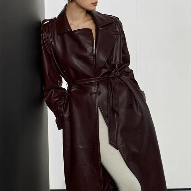Leather-Look Maxi Trench Coat with Draped Lapels - Dark Red