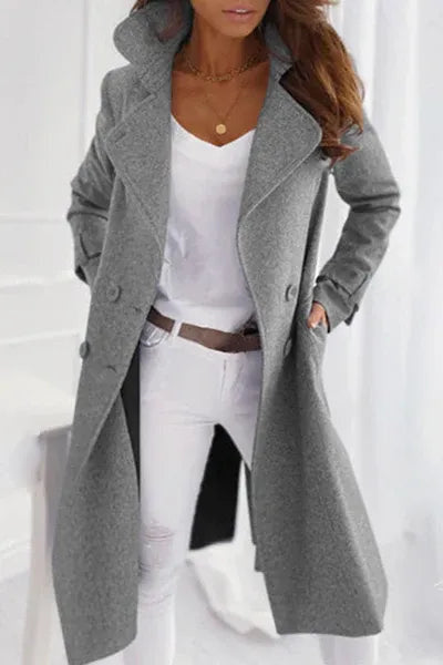 Longline Textured Coat with Notched Lapels - Grey