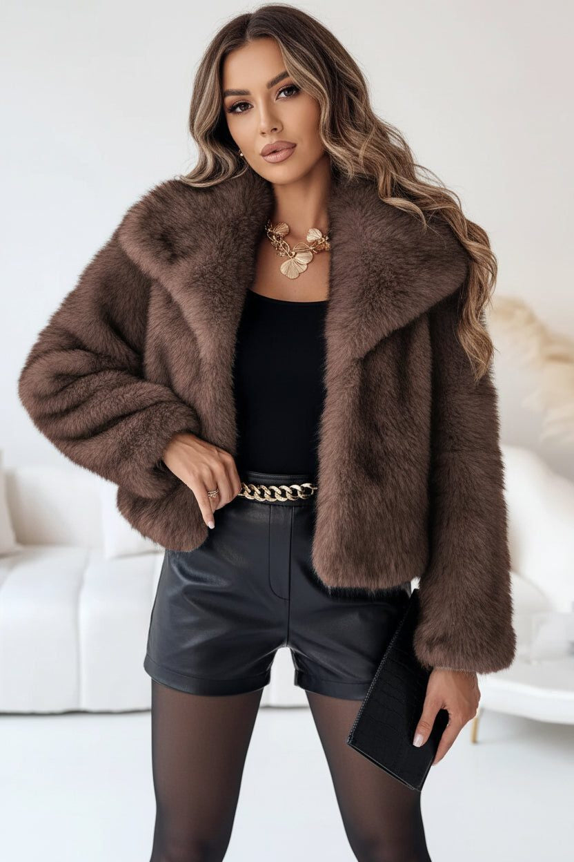 Cropped Faux Fur Jacket with Wide Collar - Brown