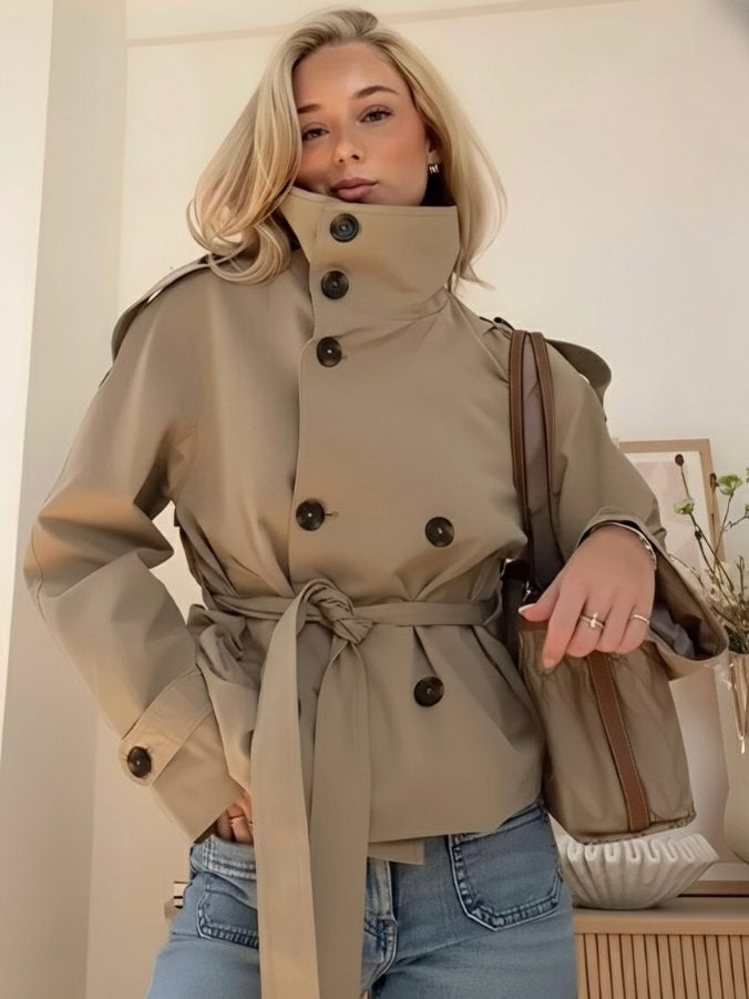 Belted Trench Jacket with Stand Collar - Khaki