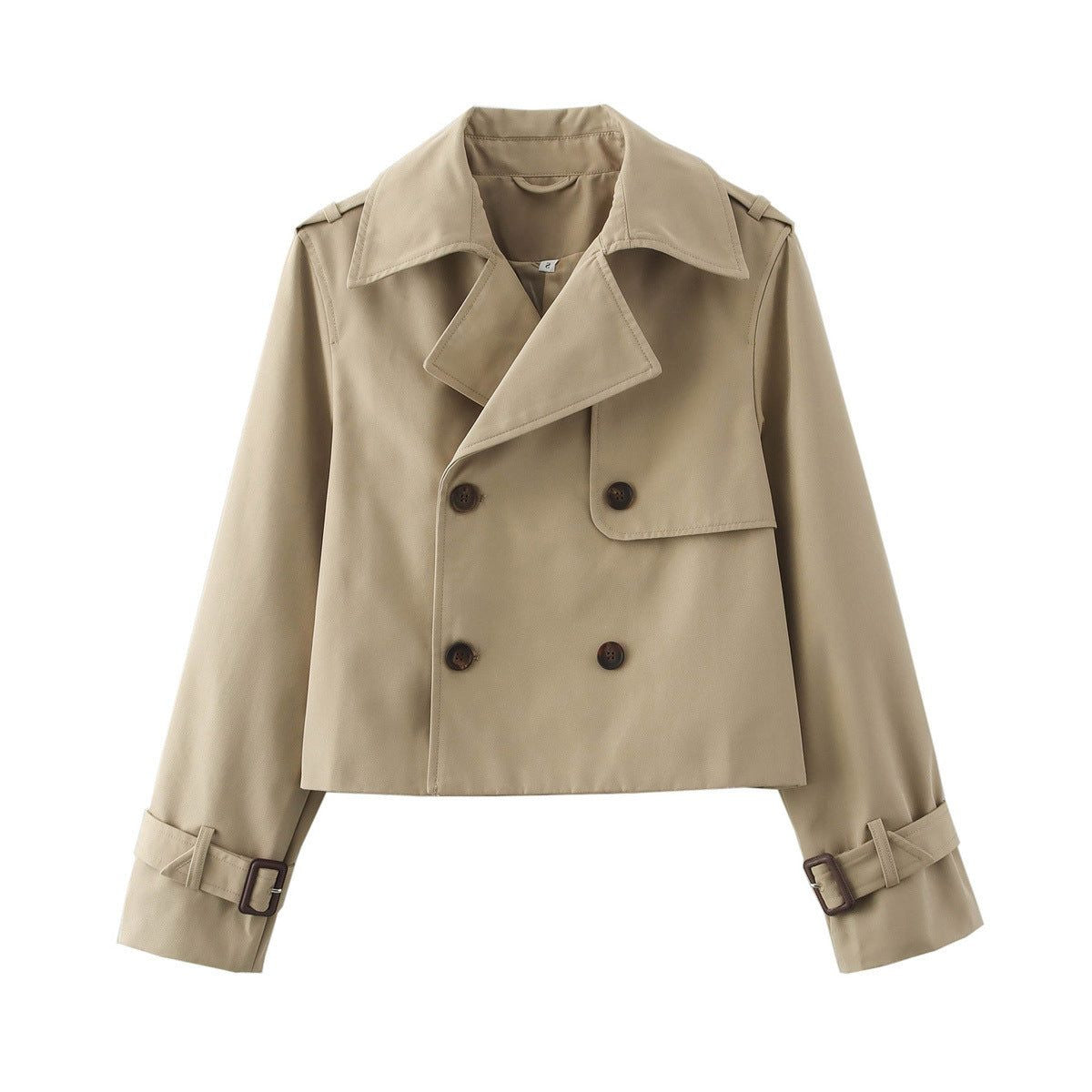 Short Double-Breasted Trench Jacket with Notch Lapels - Khaki
