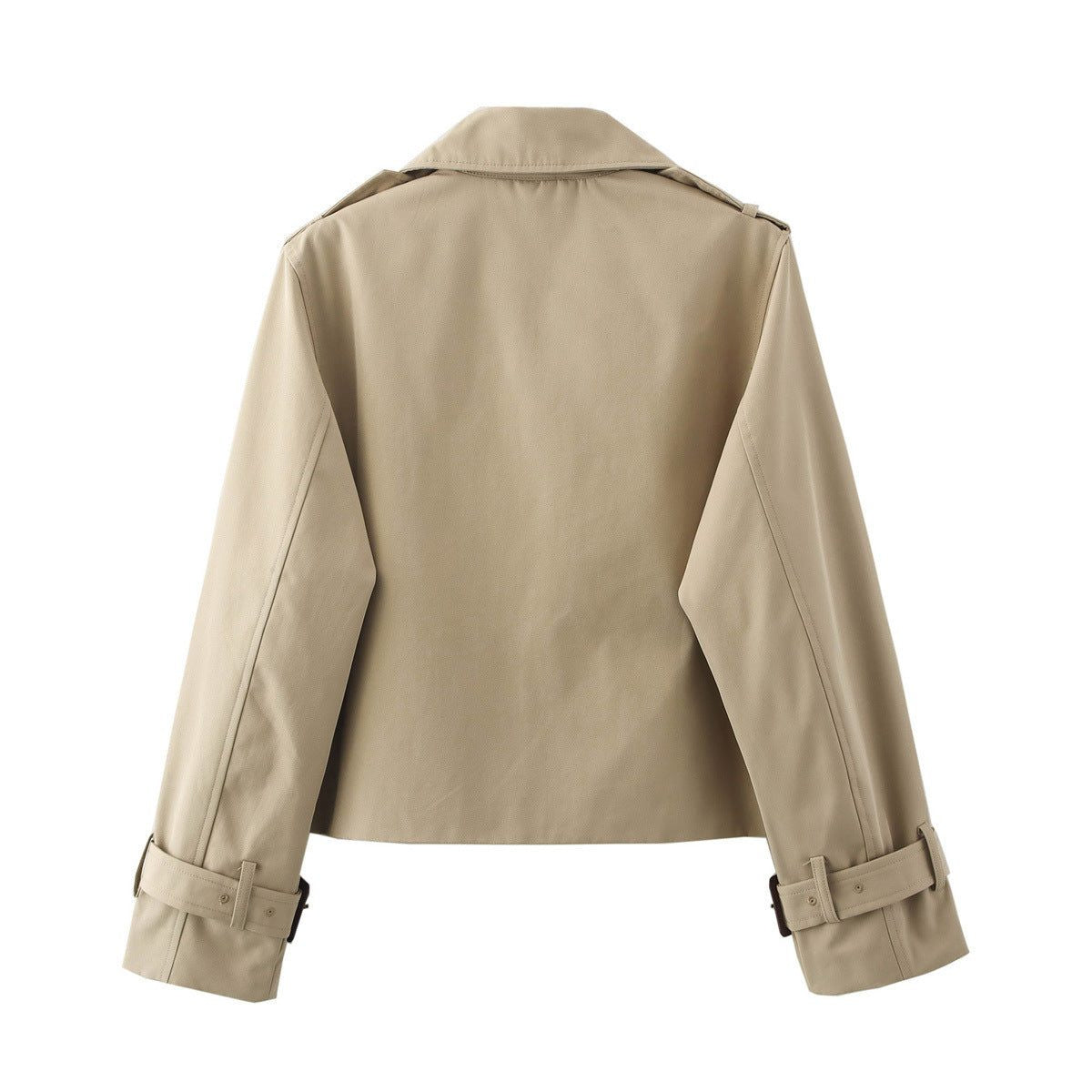 Short Double-Breasted Trench Jacket with Notch Lapels - Khaki